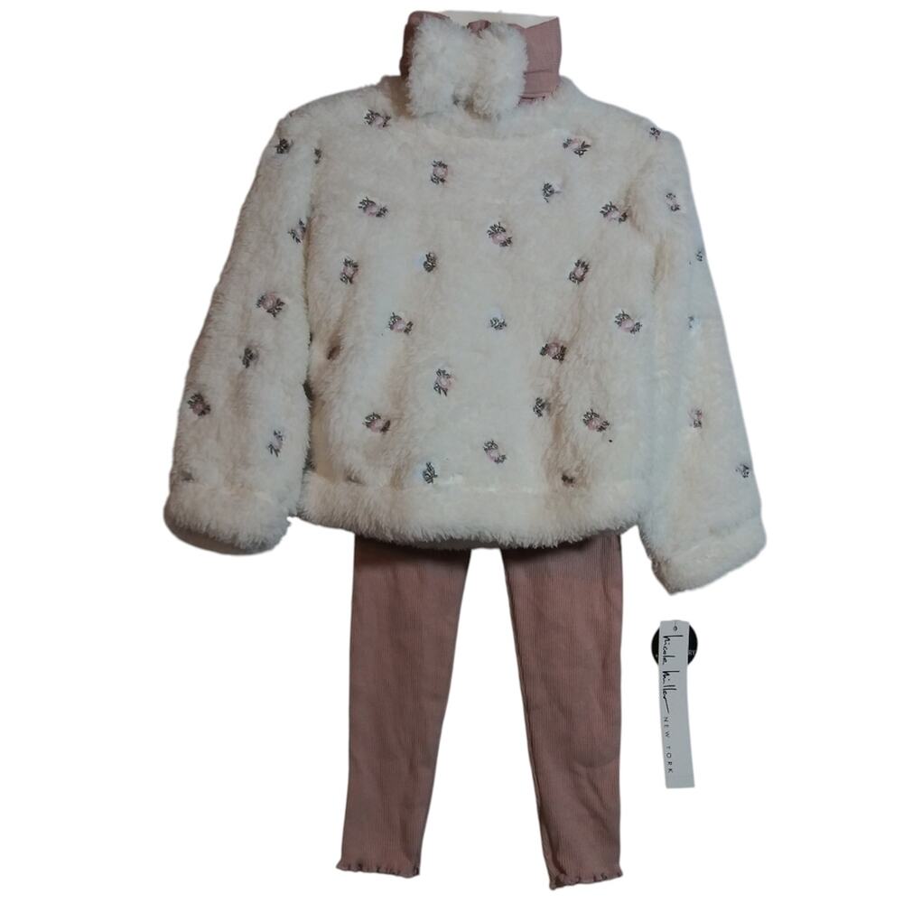 Nicole Miller Cozy White Fleece Pullover with Pink Leggings Set Size 24M